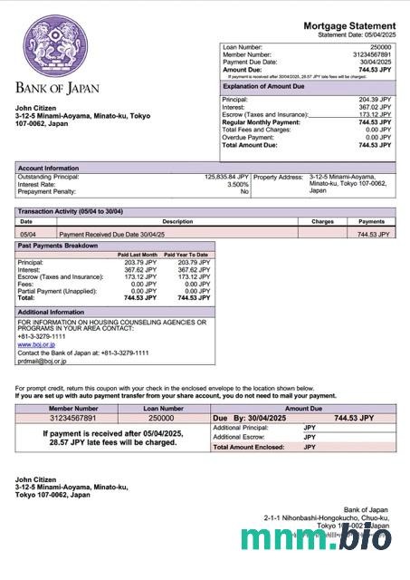 Japonia Bank of Japan wyciąg z kredytu hipotecznego szablon Word i PDF